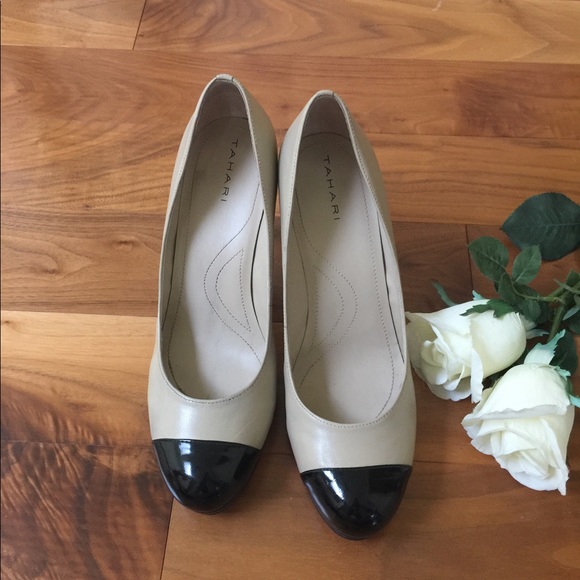 Tahari Cream beige real leather shoes black patent capped toe platform US 10 - Picture 8 of 13